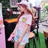 韩版可爱软妹子学生T恤女卡通字母刺绣甜美小清新短款半袖tee上衣