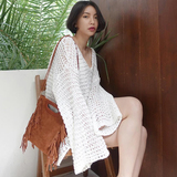 2016韩国chic复古V领宽松镂空喇叭大袖子套头中长款针织衫上衣女