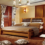 现代中式柚木家具卧室大床1.8米双人床真皮靠背实木床婚床厚重款