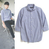 韩国ulzzang夏季男士时尚休闲韩版修身竖条纹纯棉七分袖中袖衬衫