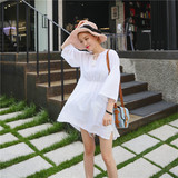 HEINIU 2016夏季韩版V领中袖显瘦收腰流苏棉麻连衣裙