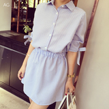 中袖蓝白条纹衬衫连衣裙中长款显瘦学生韩版修身淑女裙子夏季女装