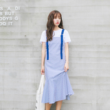 2016夏季新款韩版竖条纹吊带鱼尾连衣裙女学生宽松显瘦背带裙长裙
