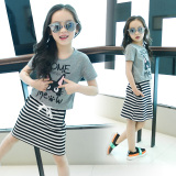 女童夏装2016新款套装短袖+裙两件套中大童韩版公主条纹连衣裙潮