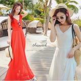 雪纺连衣裙女夏红色长裙波西米亚海边度假韩版修身显瘦白色沙滩裙