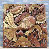 泰国柚木雕花板 东南亚家居装饰品玄关木雕挂画壁挂壁饰年年有鱼