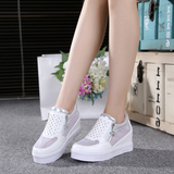 韩版夏季新款内增高网鞋蕾丝网纱透气休闲板鞋银色双拉链单鞋女鞋