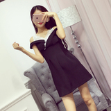 包邮16夏季韩版新款修身名媛气质蕾丝拼接露肩撞色连衣裙女装