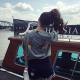 【夏梦】iFashion灰色刺绣花中长款T恤女宽松大码韩版短袖体恤衫