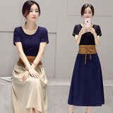 2016夏装新款韩版潮淑女装A字假两件套装中长裙子夏季短袖连衣裙