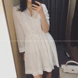 2016新品夏季韩版白色蕾丝镂空连衣裙宽松中长款七分袖打底a字裙