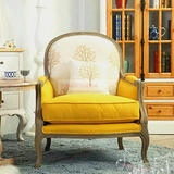 美式实木休闲沙发椅 欧式复古做旧刺绣黄色花布单人老虎椅沙发椅