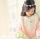 韩国童装春秋新款女童套头毛衣韩版镂空大花边短款儿童针织衫外穿