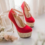 新款大码红色婚鞋高跟鞋女细跟浅口防水台16厘米超高跟圆头单鞋