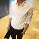 英伦风夏季韩版发型师衬衫七分袖男士短袖青年修身商务衬衣中袖潮