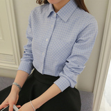 蓝色格子衬衫女长袖打底衫2016夏秋装新款韩范学院风宽松休闲衬衣