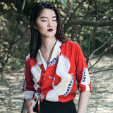 民族风复古vintage仙鹤印花衬衫女短袖和服日式和风雪纺系带上衣