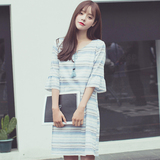 2016夏装新款女装韩版宽松a型条纹v领中长款短袖喇叭袖棉麻连衣裙