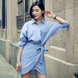 2016春季新款 韩版宽松蝙蝠袖不规则条纹长袖中长款衬衫裙衬衣女