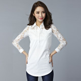 2016春装新款女装韩版中长款宽松长袖白色打底衬衫女蕾丝拼接衬衣