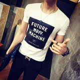 2016夏季新款男士紧身T恤衫时尚圆领字母亮片韩版弹力修身短袖T恤