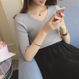 2016夏装新款V领针织半袖v领打底衫修身针织女韩版紧身五分袖毛衣