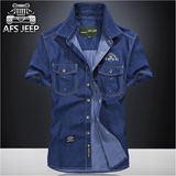 AFS Jeep牛仔短袖衬衫男士大码上衣夏季战地吉普纯棉寸衫简约薄款