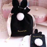 日系黑色兔耳朵萝莉小兔子毛球尾巴化妆包收纳袋束口袋纸巾包