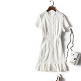 欧洲站欧货女装2016夏新款 高端定织面料 重工镂空刺绣白色连衣裙