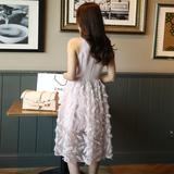 粉色蕾丝连衣裙2016夏季新款女装韩版无袖修身中长款收腰羽毛裙子