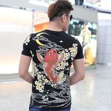 天天特价中国风男装短袖上衣鲤鱼纹身图案个性印花男士修身t恤衫