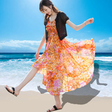 夏季女装波西米亚长裙显瘦渡假海边沙滩裙性感吊带印花雪纺连衣裙