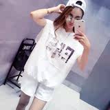 2016夏韩版简约字母戴帽宽松休闲运动短裤套装学校风无袖两件套女