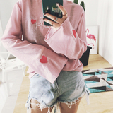 2016秋季新品 韩国官网代购粉色刺绣爱心长袖上衣女薄款喇叭袖T恤
