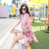 fsy2016夏女韩版时尚薄款开衫中长款长袖印花雪纺衬衫防晒衣透气