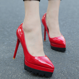 欧美新款尖头高跟鞋 细跟防水台黑色单鞋女 春秋10cm性感红色婚鞋