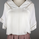 韩版新款纯色蝙蝠袖直筒褶皱镂空短袖印花v领女士雪纺衫
