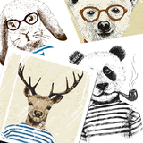 麋鹿熊猫兔子卡通手绘北欧森系动物鹿熊猫装饰画矢量EPS素材