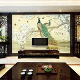 现代中式孔雀玉兰工笔画电视背景墙壁纸 客厅沙发无缝墙布壁布