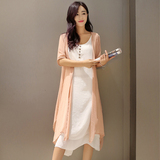 韩版2016夏装新款短袖两件套女套装大码修身显瘦棉麻连衣裙中长款