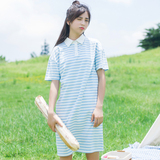2016夏季日系中长款t恤女宽松蓝白条纹休闲连衣裙t恤短袖显瘦上衣
