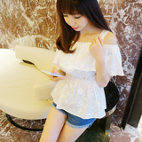 2016夏季韩国白色花朵刺绣荷叶边一字领露肩吊带上衣纯棉娃娃衫女