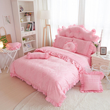 韩式全棉四件套粉色公主花边蕾丝床上用品纯棉被套床裙式婚庆床品