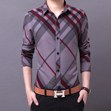 春季韩版男士条纹长袖衬衫商务修身型青年男衬衣休闲格子寸衫男装