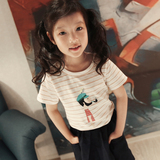 女童T恤短袖2016夏季新款纯棉印花韩国韩版条纹韩版中大童装儿童