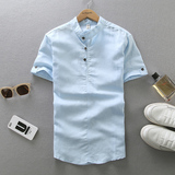 衬衫男短袖立领修身纯白薄寸衫男装夏季中国风休闲大码亚麻棉衬衣