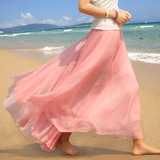 夏天中长款雪纺百褶半身裙高腰长裙海滩裙沙滩裙海边度假显瘦裙子