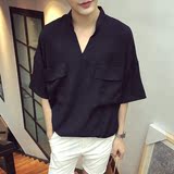 日系大口袋青年白色立领棉麻宽松中袖衬衣夏季纯色潮男款短袖衬衫