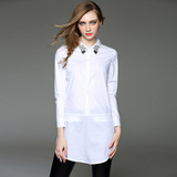 2016欧洲站奢华新款女装白色纯棉领口镶钻钉珠女士中长款衬衫百搭