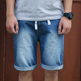 夏季日系青少年学生牛仔短裤男绳带松紧腰六分裤直筒修身型中裤子
